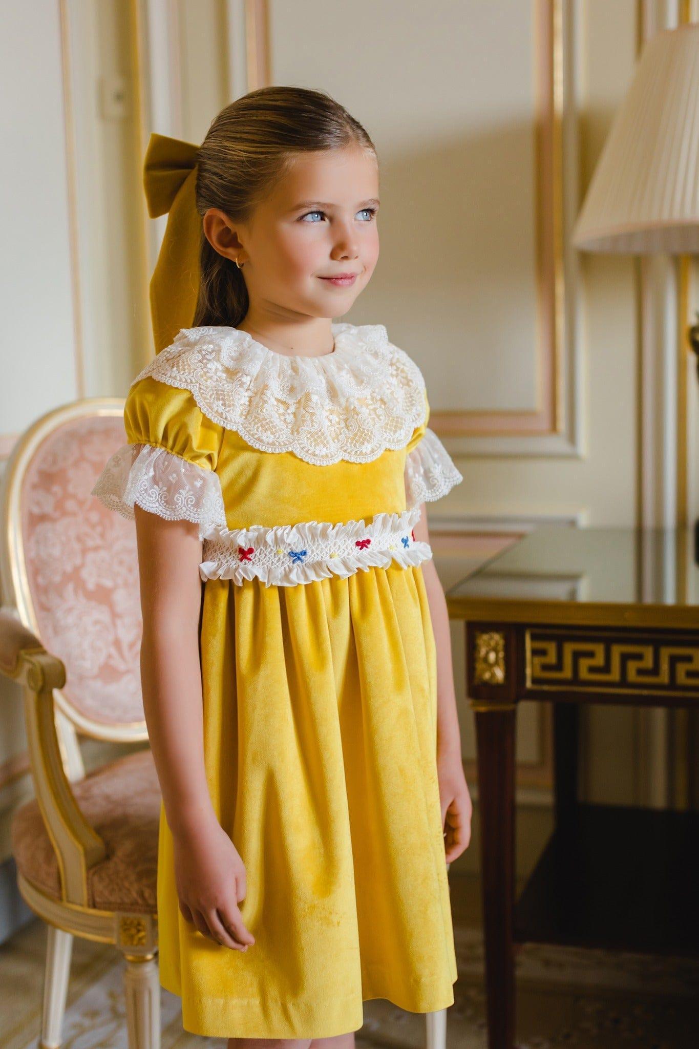 CLEARANCE DEAL - Sal & Pimenta - Golden Velvet Girls Smocked Dress - Mariposa Children's Boutique