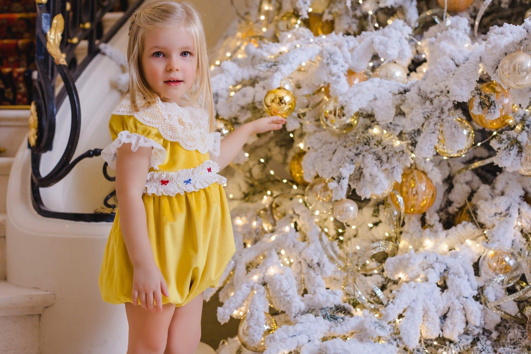 CLEARANCE DEAL - Sal & Pimenta - Golden Velvet Smocked Romper - Mariposa Children's Boutique