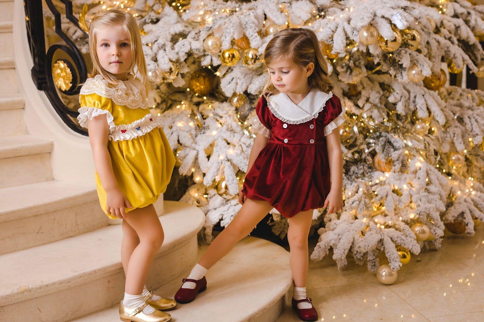 CLEARANCE DEAL - Sal & Pimenta - Golden Velvet Smocked Romper - Mariposa Children's Boutique