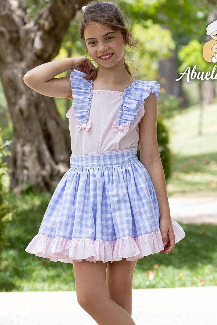 CLEARANCE SALE Abuela Tata - Girls Blue & Pink Check Skirt & Blouse Set - Mariposa Children's Boutique