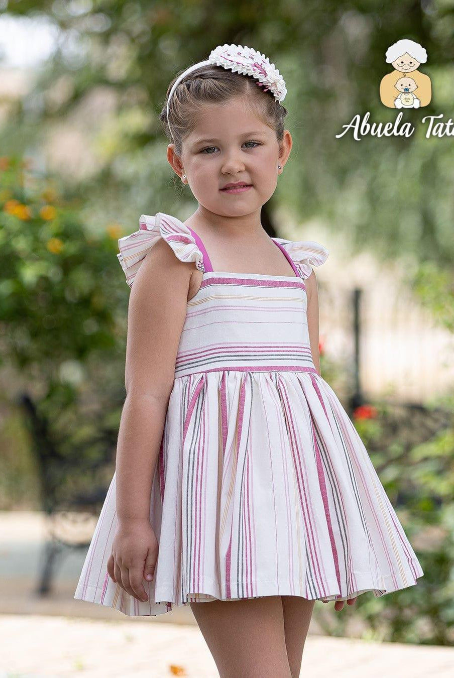 CLEARANCE SALE Abuela Tata - Girls Cream & Dusky Pink Stripe Dress - Mariposa Children's Boutique
