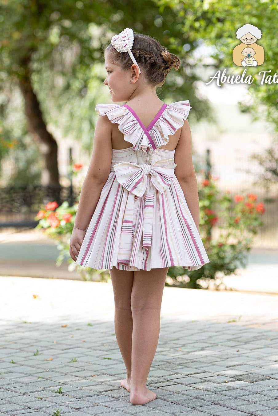 CLEARANCE SALE Abuela Tata - Girls Cream & Dusky Pink Stripe Dress - Mariposa Children's Boutique