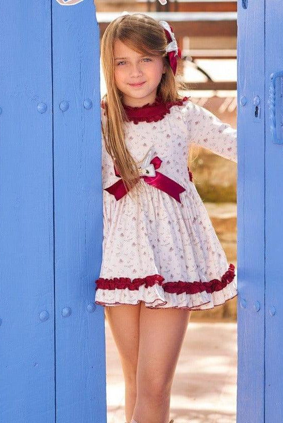 CLEARANCE SALE Belcoquet - Girls Cream & Burgundy Print Dress - Mariposa Children's Boutique