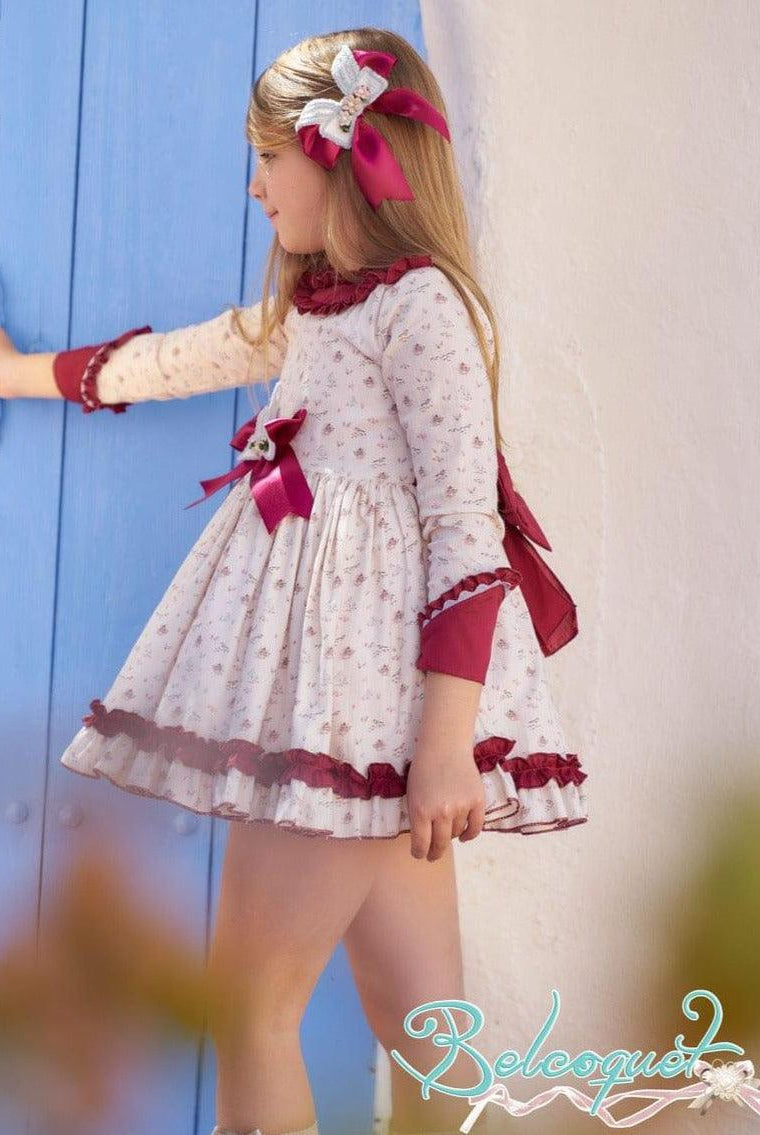 CLEARANCE SALE Belcoquet - Girls Cream & Burgundy Print Dress - Mariposa Children's Boutique