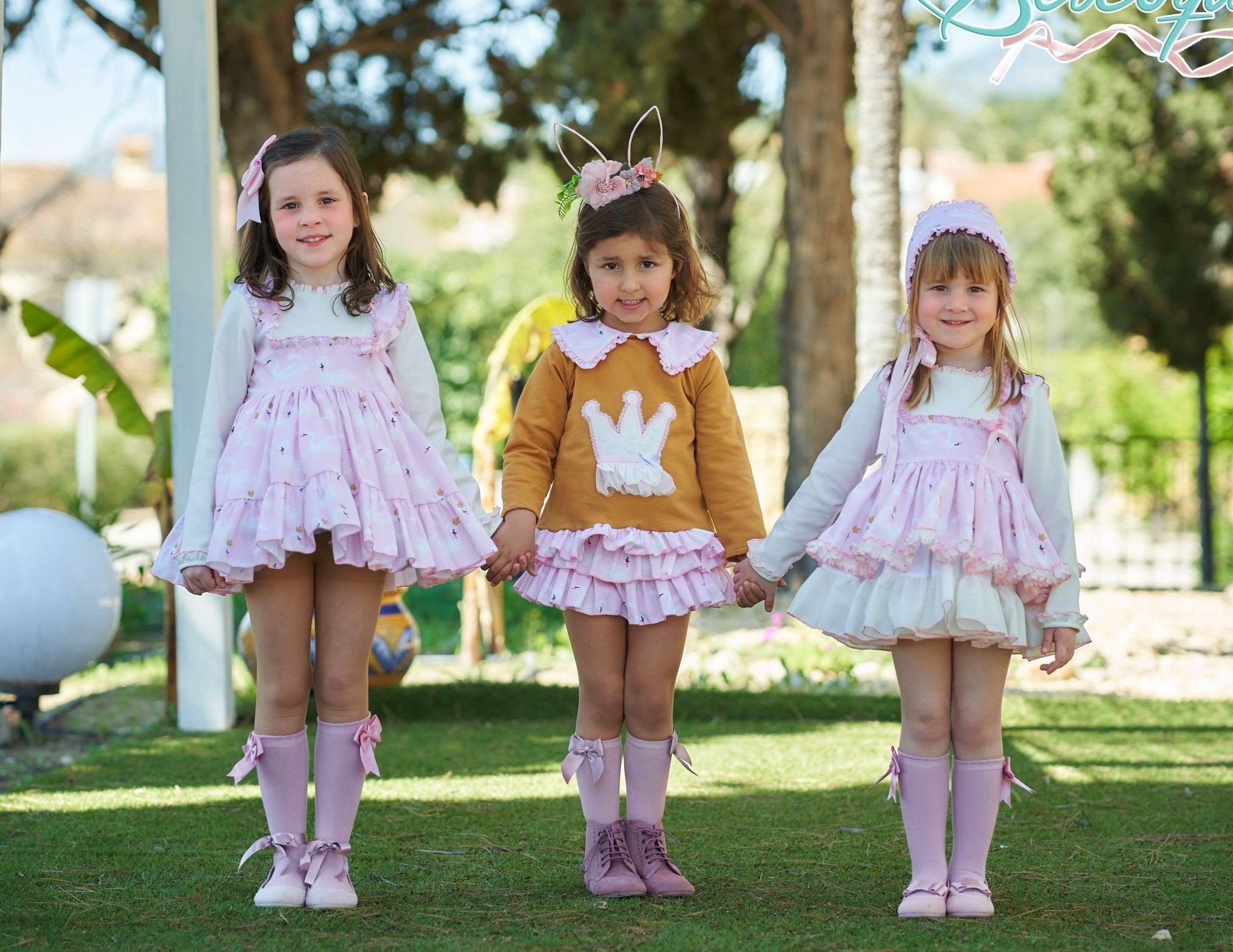 CLEARANCE SALE Belcoquet - Girls Pink & Cream Swan Print Dress - Mariposa Children's Boutique