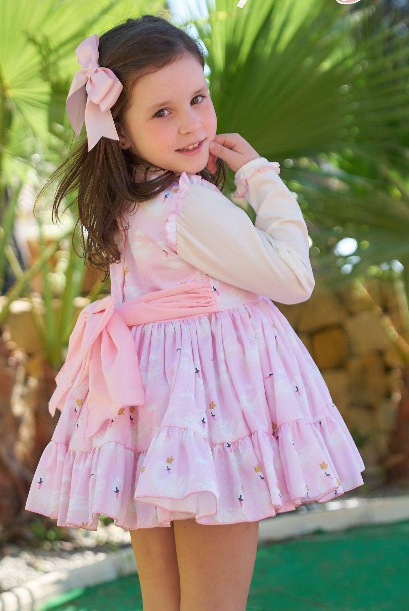CLEARANCE SALE Belcoquet - Girls Pink & Cream Swan Print Dress - Mariposa Children's Boutique
