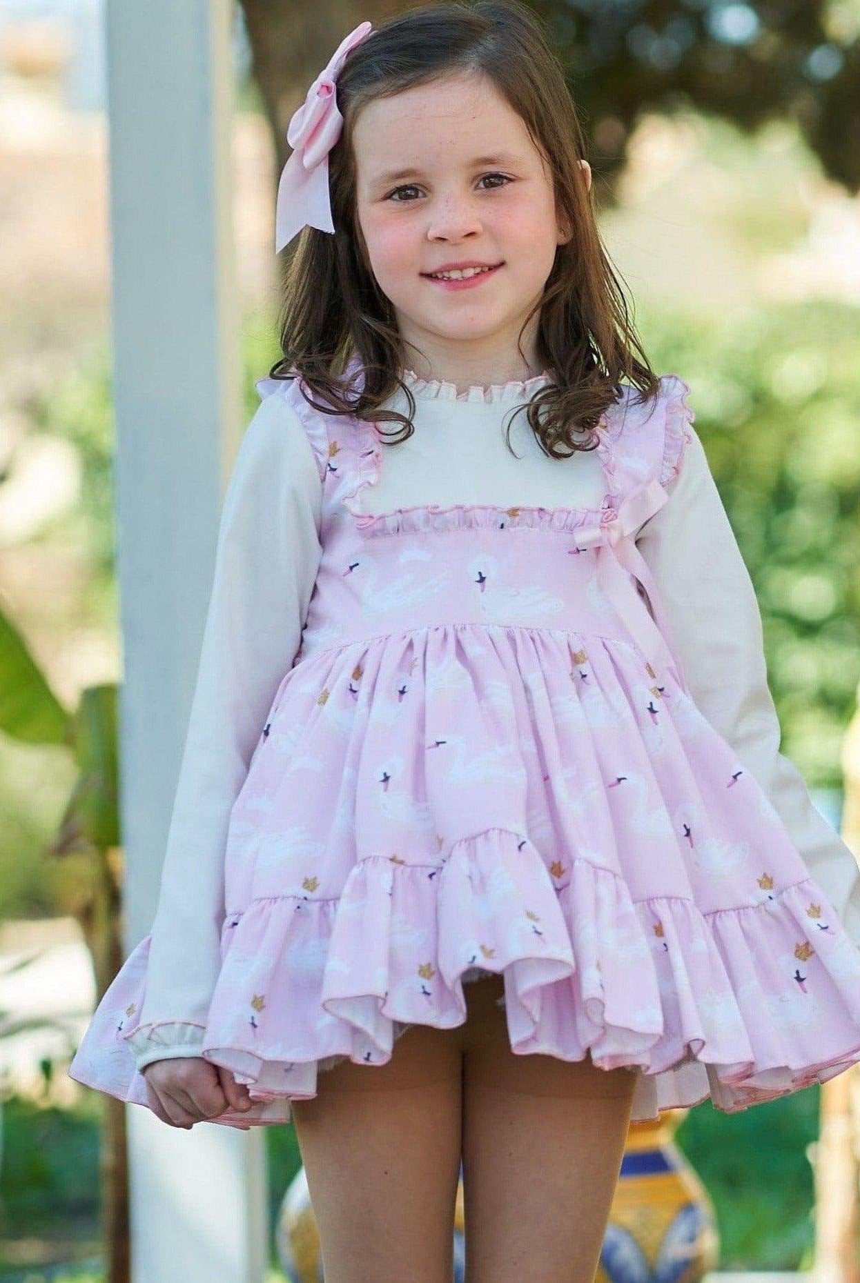 CLEARANCE SALE Belcoquet - Girls Pink & Cream Swan Print Dress - Mariposa Children's Boutique