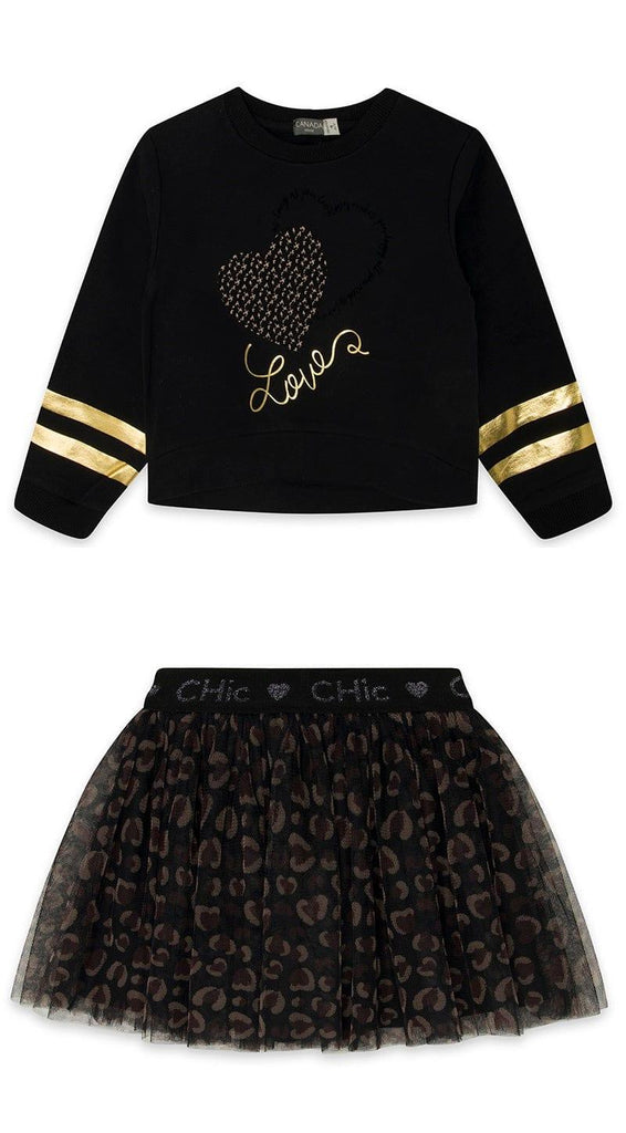Canada House - Girls Black & Gold Love Sweater with Matching Skirt - Mariposa Children's Boutique