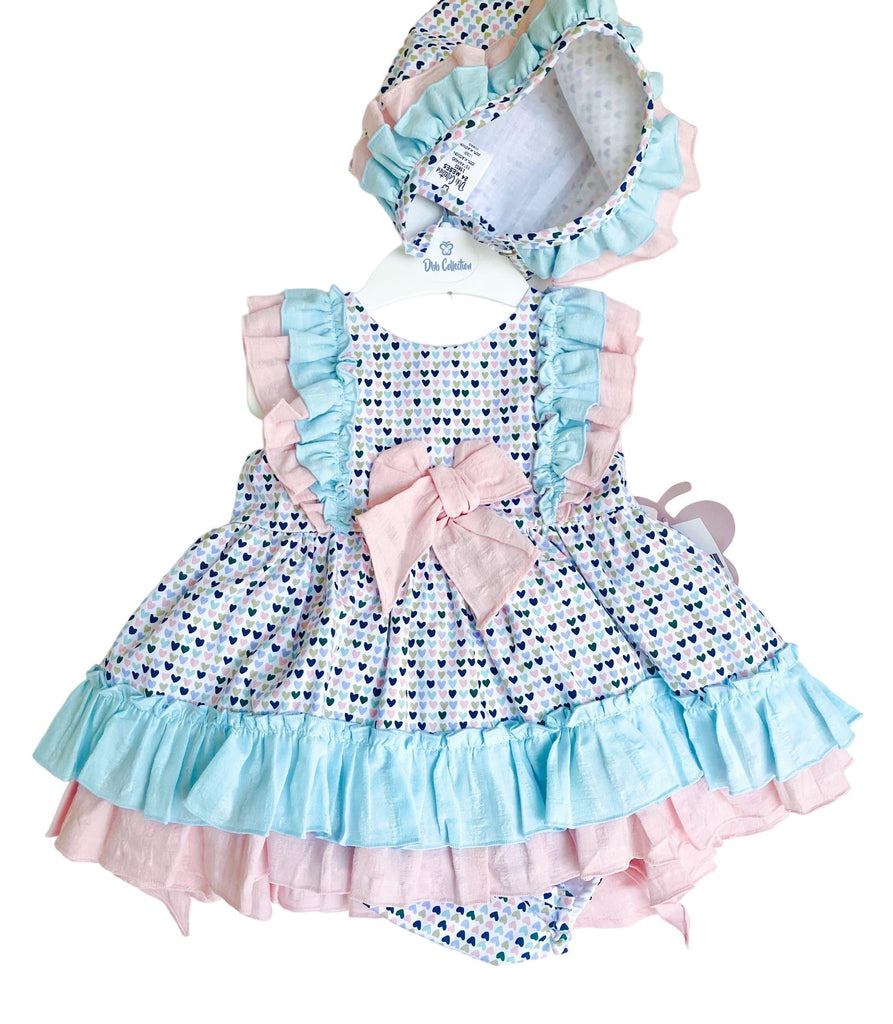 DBB Collection SS23 - Baby Girls 3pc Heart Print Dress, Knickers and Bonnet - Mariposa Children's Boutique