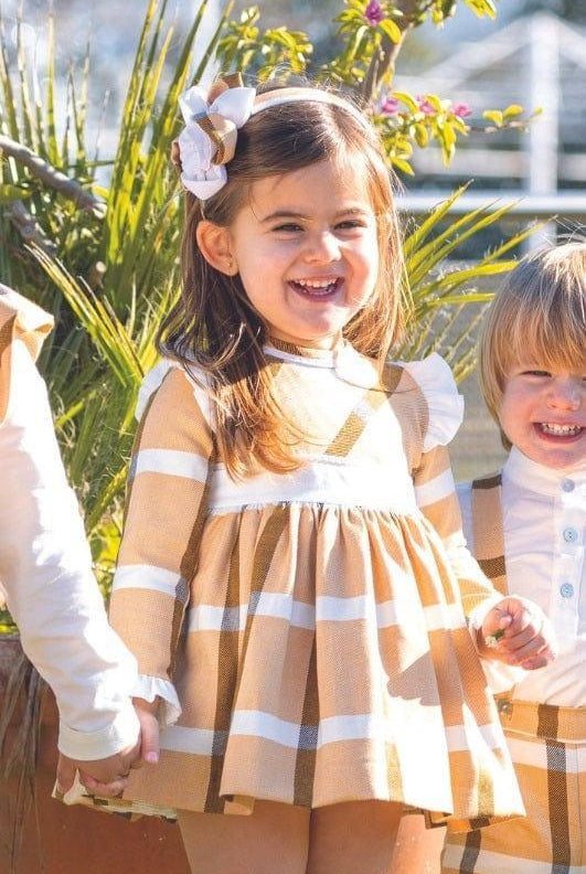 CLEARANCE SALE DBB Collection - Baby Girl's Mustard Check Dress, Knickers & Bonnet Set - Mariposa Children's Boutique