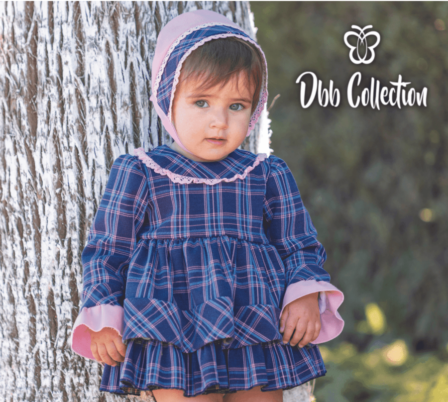 CLEARANCE SALE DBB Collection - Baby Girl's Navy & Pink Check Dress, Knickers & Bonnet Set - Mariposa Children's Boutique
