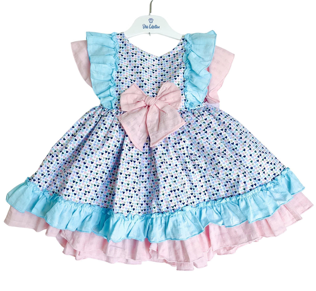 DBB Collection SS23 - Girls Heart Print Blue & Pink Dress - Mariposa Children's Boutique