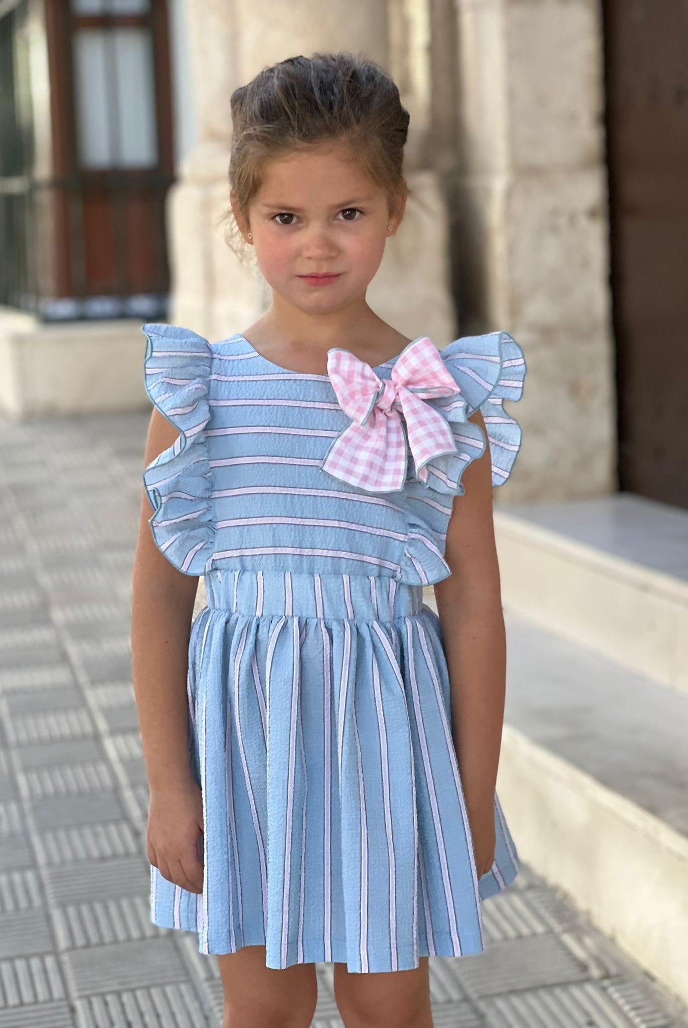 CLEARANCE SALE El Copo - Girls Blue & Pink Stripe Dress - Mariposa Children's Boutique