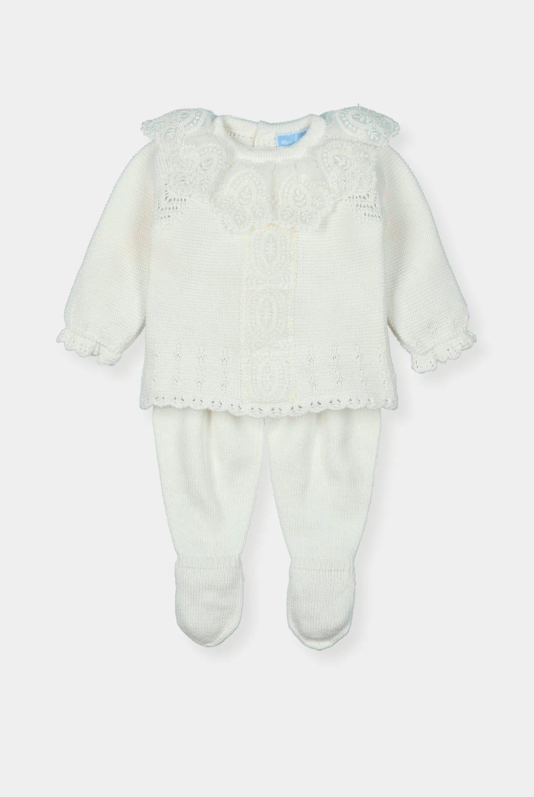 CLEARANCE SALE - Mac Ilusion Cream Unisex Knitted Set with Lace Collar Detail - Mariposa Children's Boutique