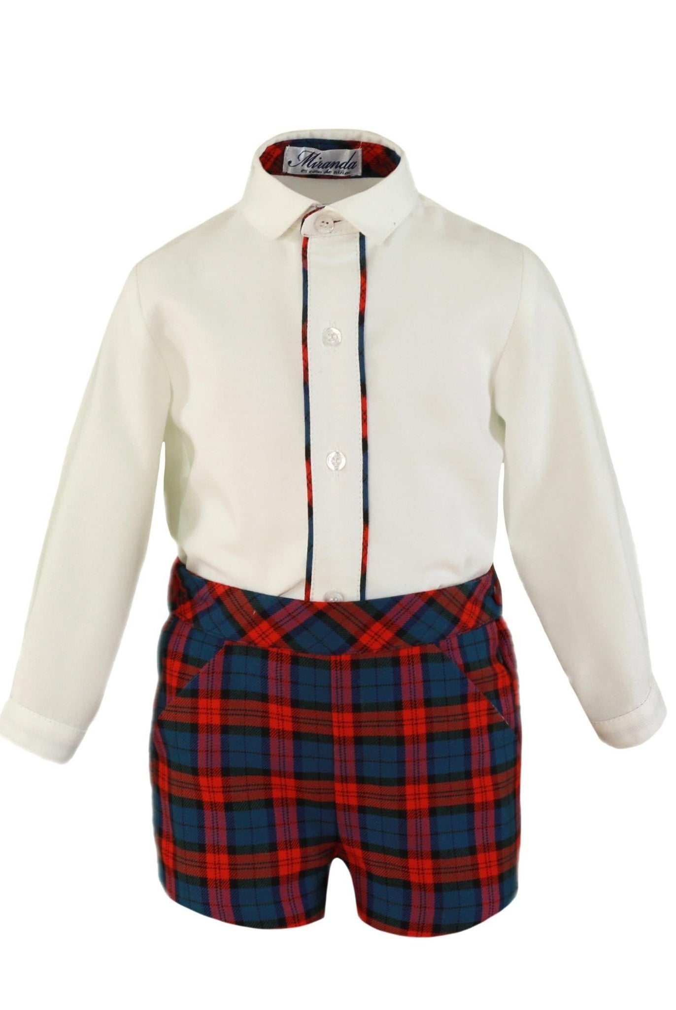 Miranda - Baby Boys Red & Navy Tartan Print Shorts with Matching Shirt 167 - 23 6m - Mariposa Children's Boutique