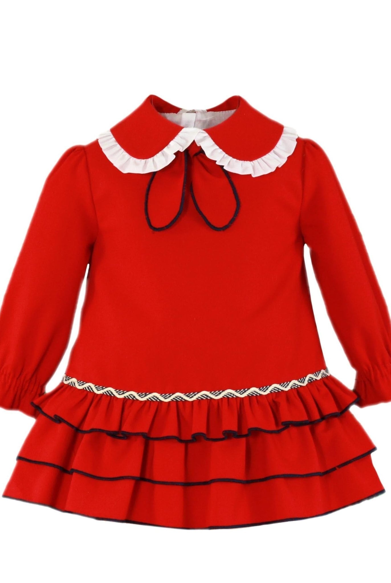 CLEARANCE SALE Miranda - Baby Girls Red Ruffle Dress with Navy Piping 514V - Mariposa Children's Boutique