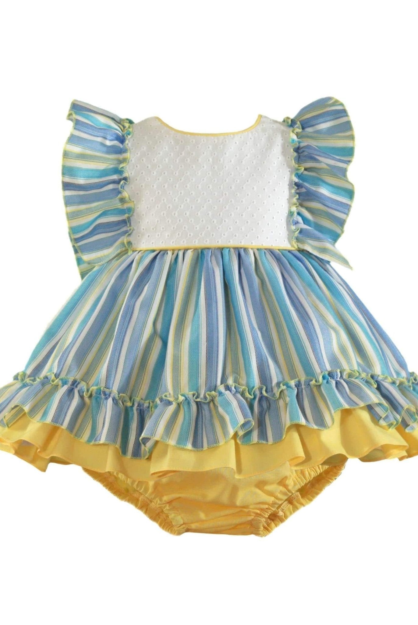 CLEARANCE SALE Miranda - Blue, White & Yellow Stripe Dress & Knickers Age 3m - Mariposa Children's Boutique