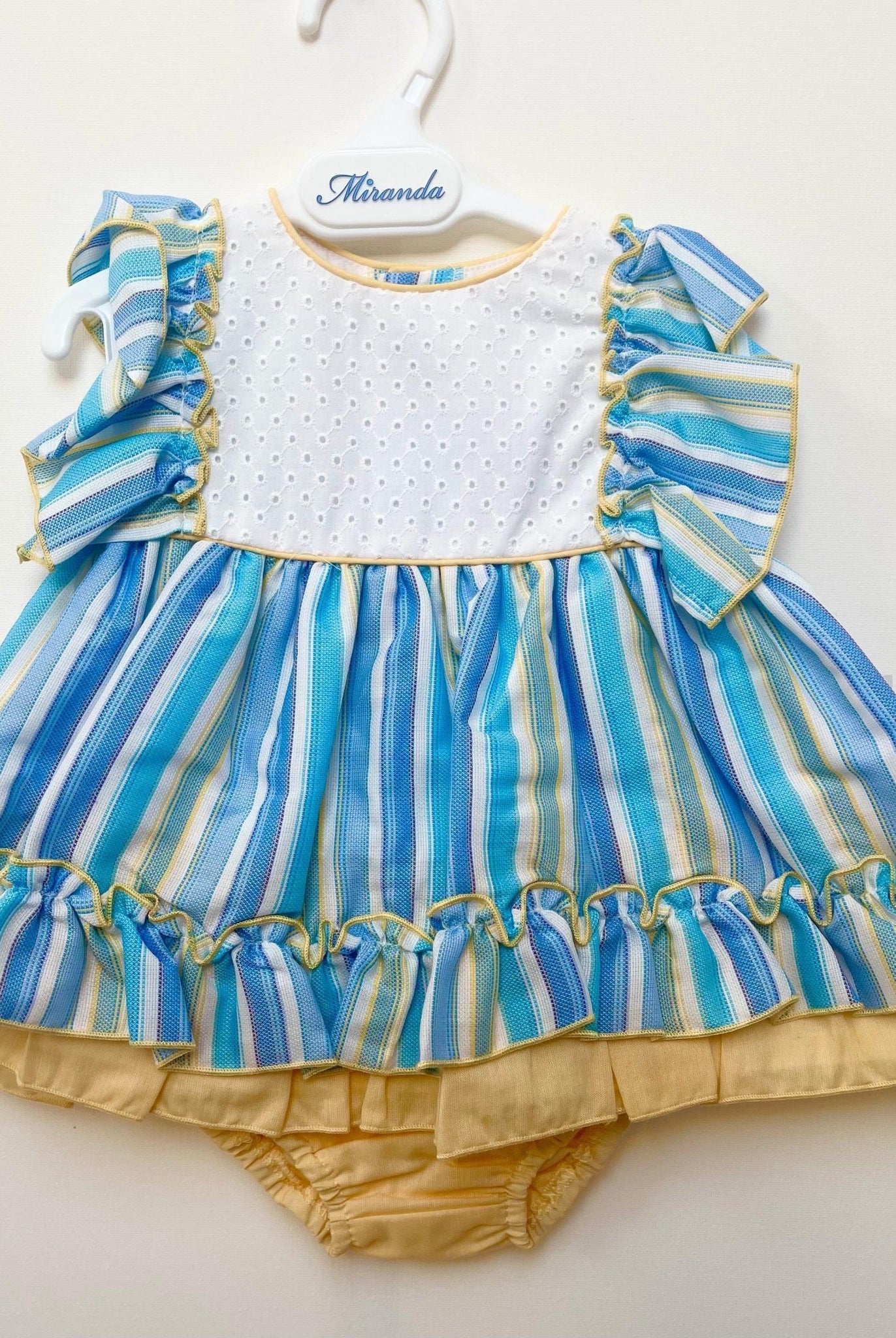 CLEARANCE SALE Miranda - Blue, White & Yellow Stripe Dress & Knickers Age 3m - Mariposa Children's Boutique