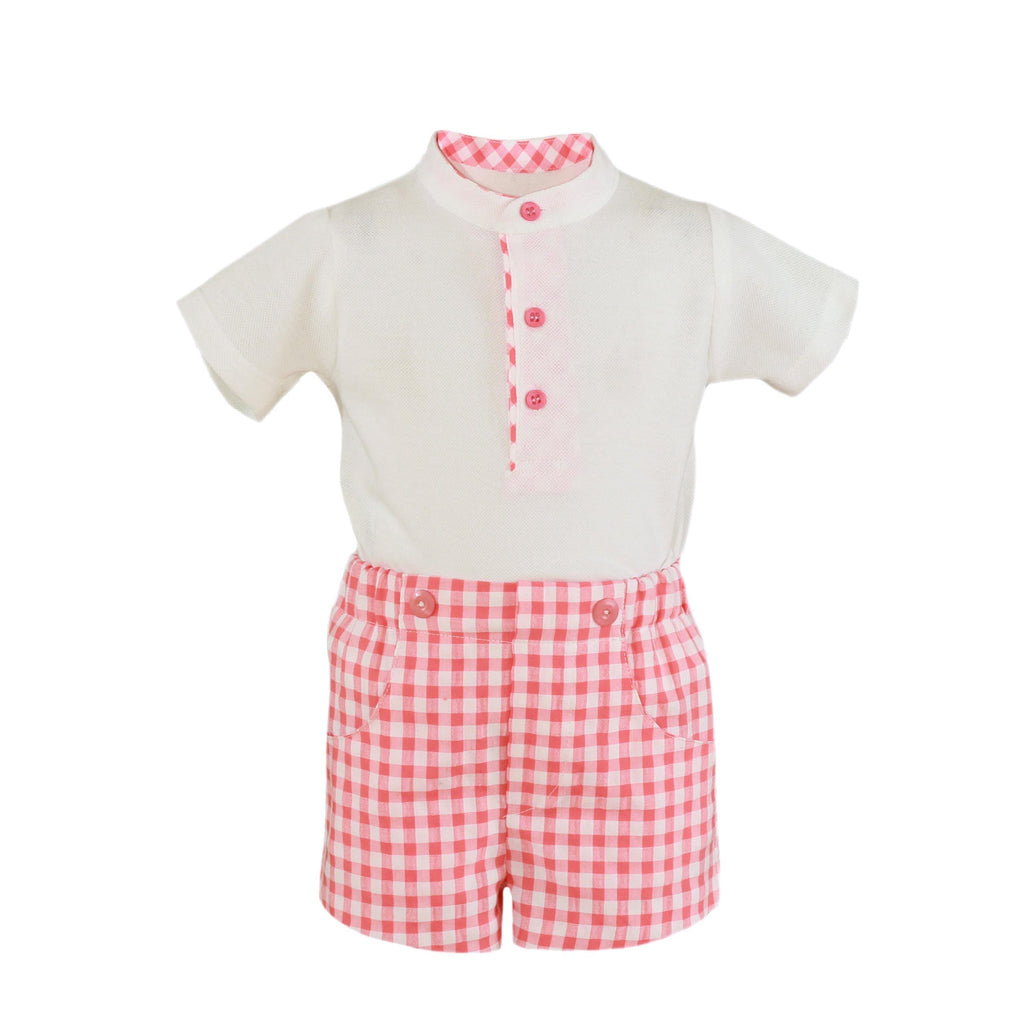 Miranda SS23 PRE-ORDER - Boys Coral and White Check Shorts & Shirt Set 524-23 - Mariposa Children's Boutique