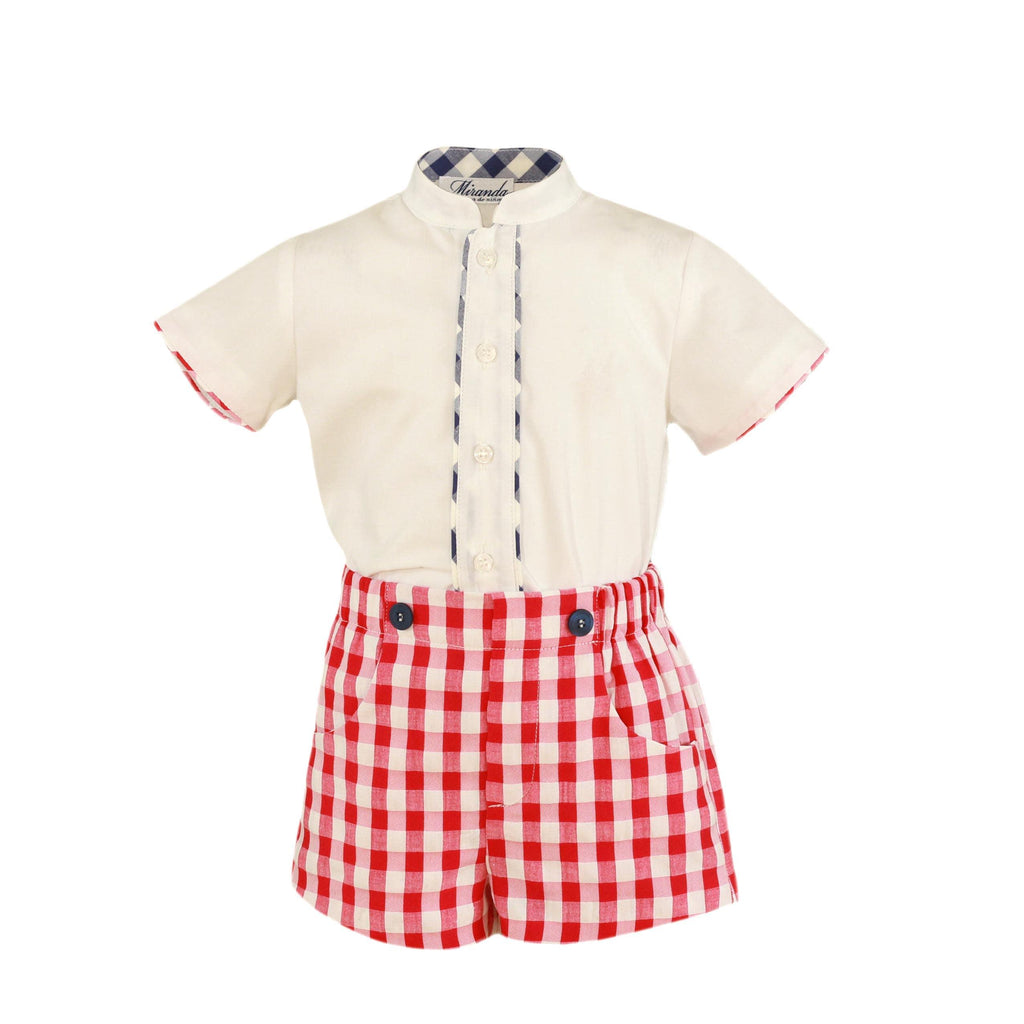 Miranda SS23 PRE-ORDER - Boys White, Red & Navy Shorts & Shirt Set 142-23 - Mariposa Children's Boutique