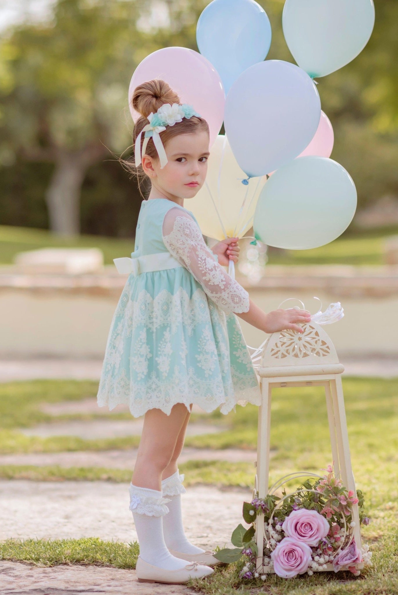 CLEARANCE SALE Miranda - Girls Green & Cream Dress 223V - Mariposa Children's Boutique