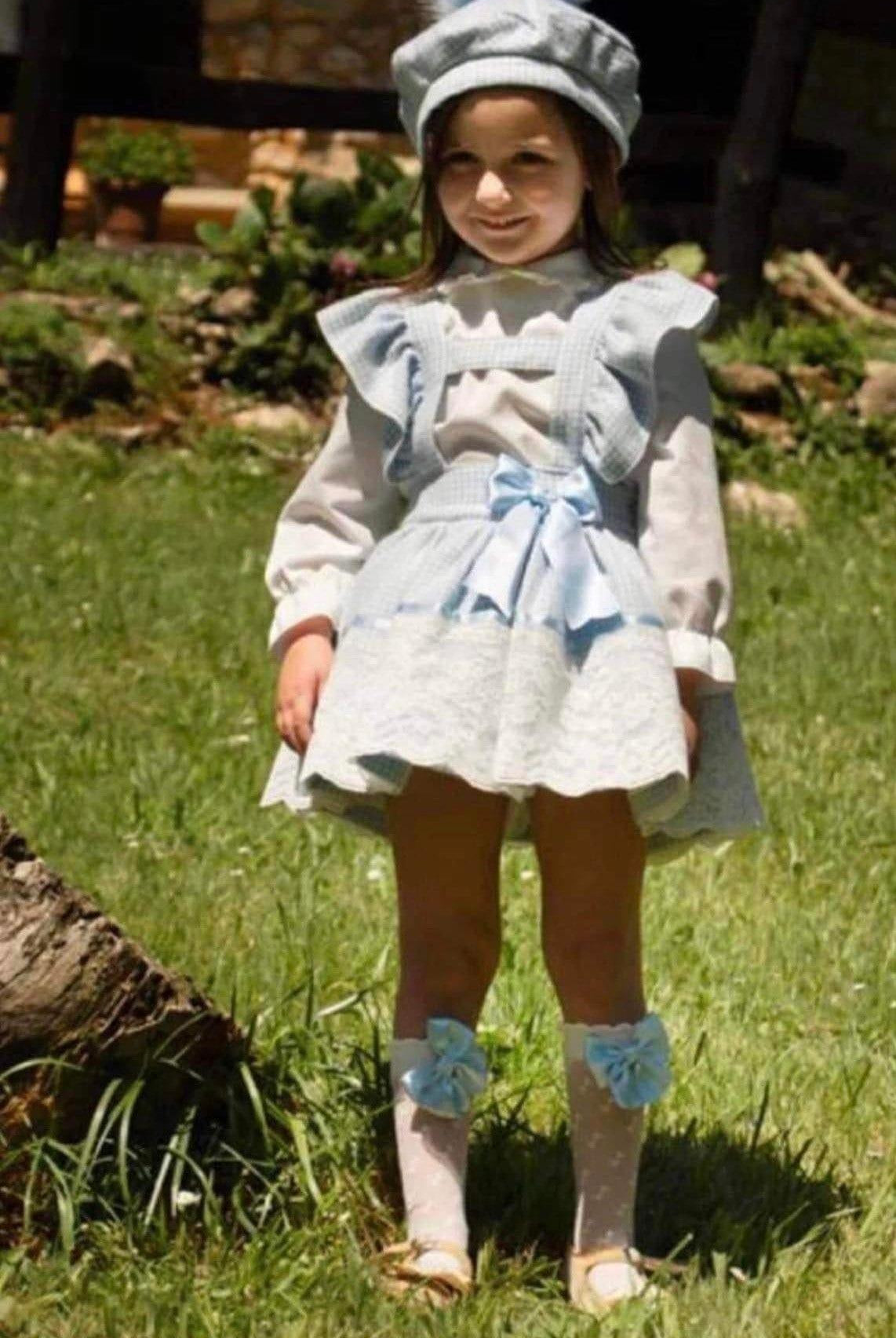 Sonata - Girls Baby Blue Check Pinafore Skirt & Blouse with Beret Hat Age 2yrs - Mariposa Children's Boutique