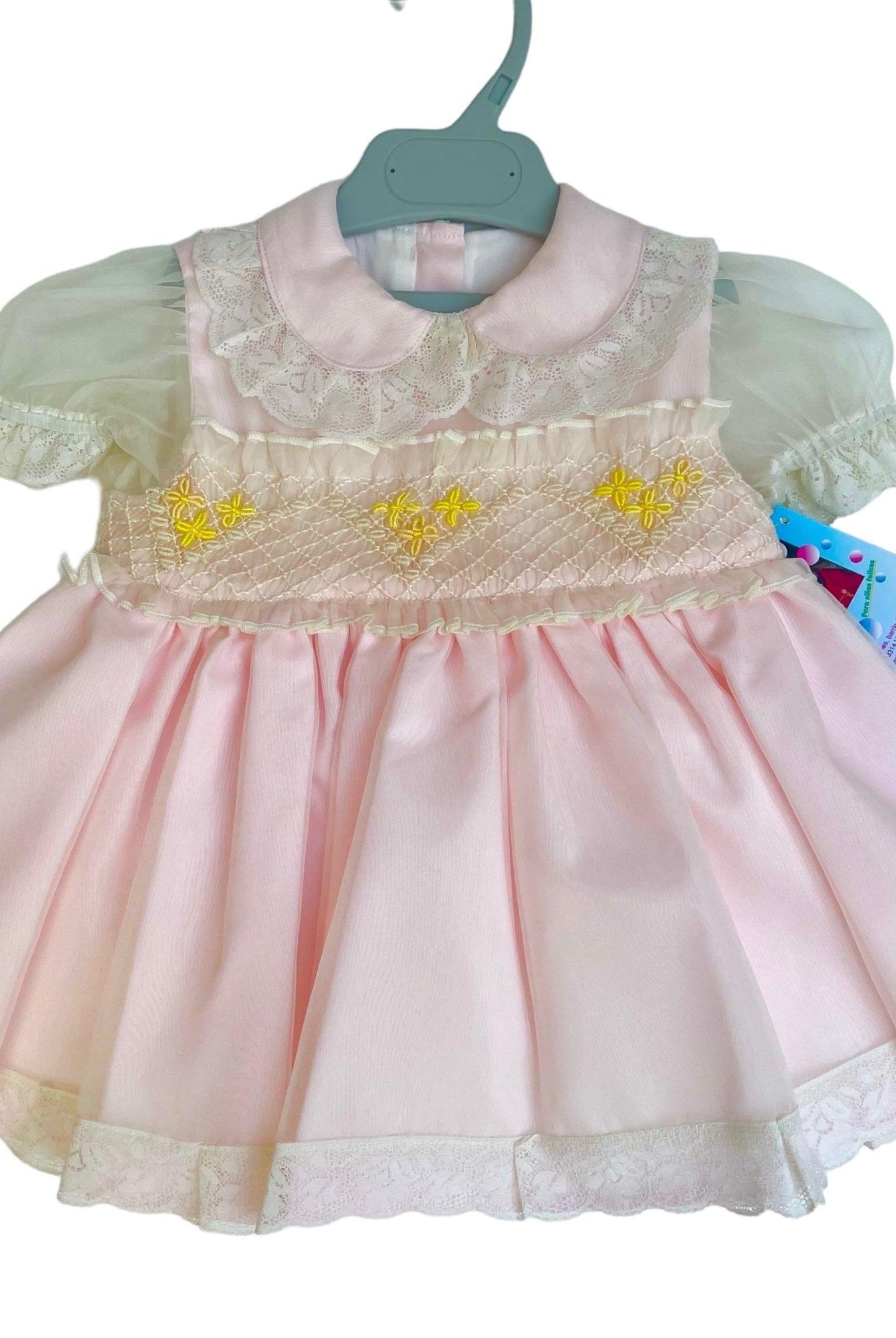 Sonata Infantil girls pink smocked Spanish dress lemon cream handmade Spain