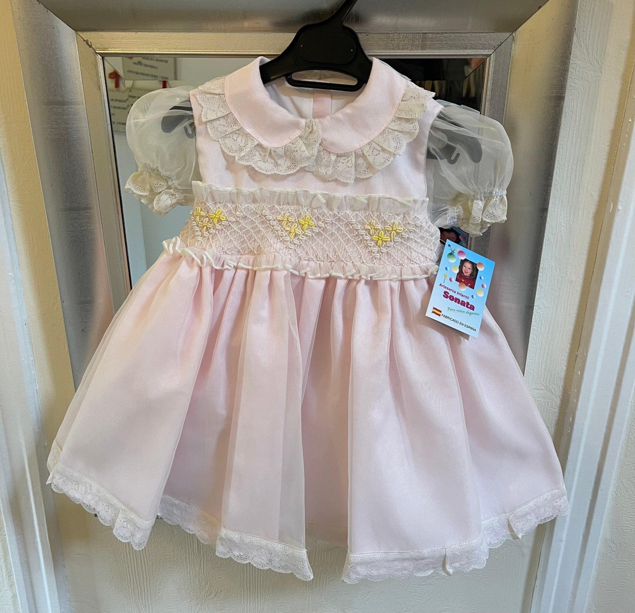 "Sonata pink, cream, and lemon smocked dress handmade in Spain – girls boutique occasionwear, sizes 2 to 8 years"