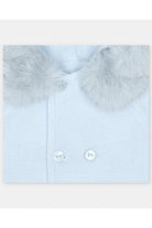 Close-up of a light blue knit garment with a fluffy pale gray collar and two white buttons.
