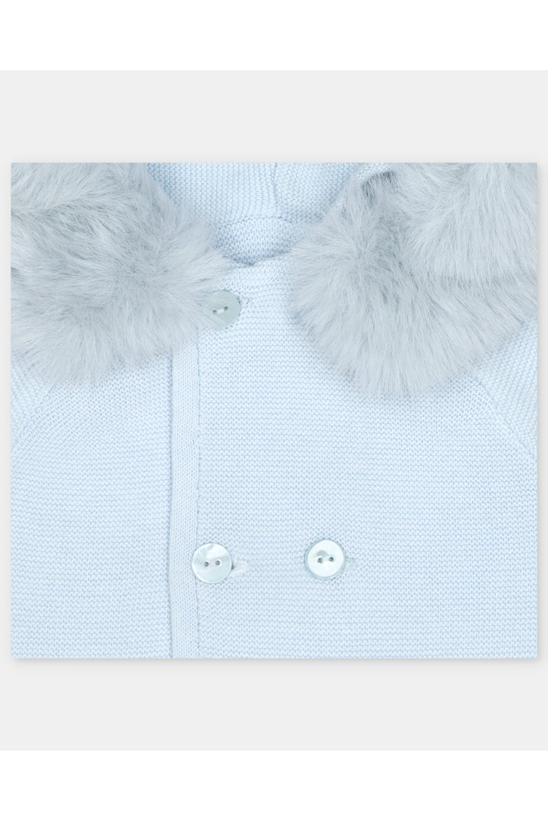Close-up of a light blue knit garment with a fluffy pale gray collar and two white buttons.
