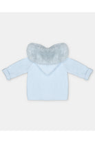 A light blue baby long-sleeve top featuring a fluffy faux-fur collar in a pale blue-gray shade, displayed flat against a light gray background.