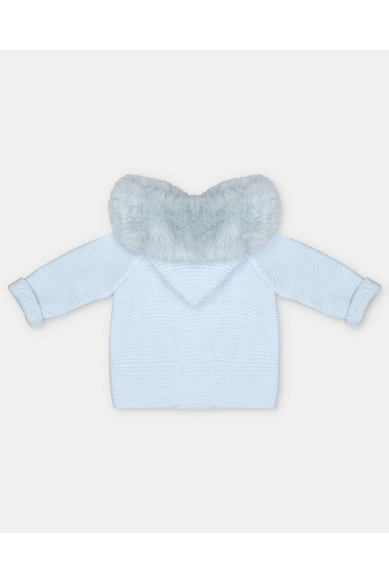 A light blue baby long-sleeve top featuring a fluffy faux-fur collar in a pale blue-gray shade, displayed flat against a light gray background.