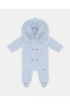 Martin Aranda baby blue knitted baby pramsuit with faux fur hood made in Spain AW26