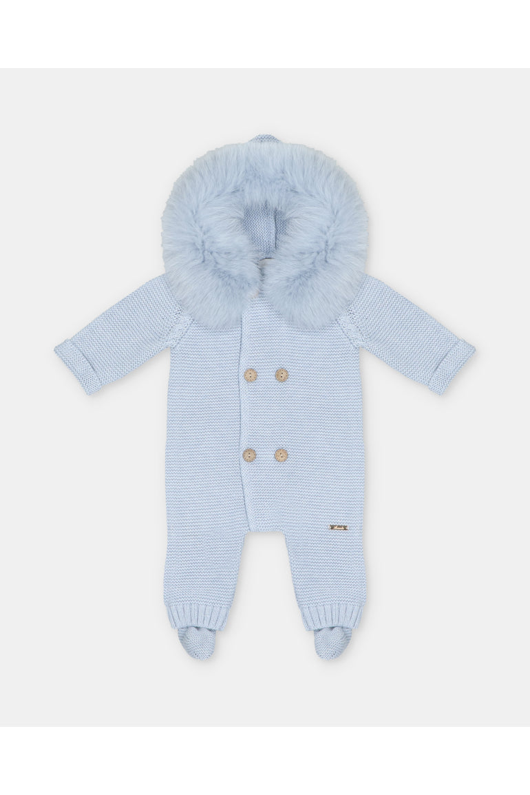 Martin Aranda baby blue knitted baby pramsuit with faux fur hood made in Spain AW26