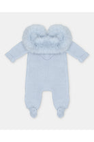 Back view of Martin Aranda baby blue knitted baby pramsuit with faux fur hood and enclosed feet AW26