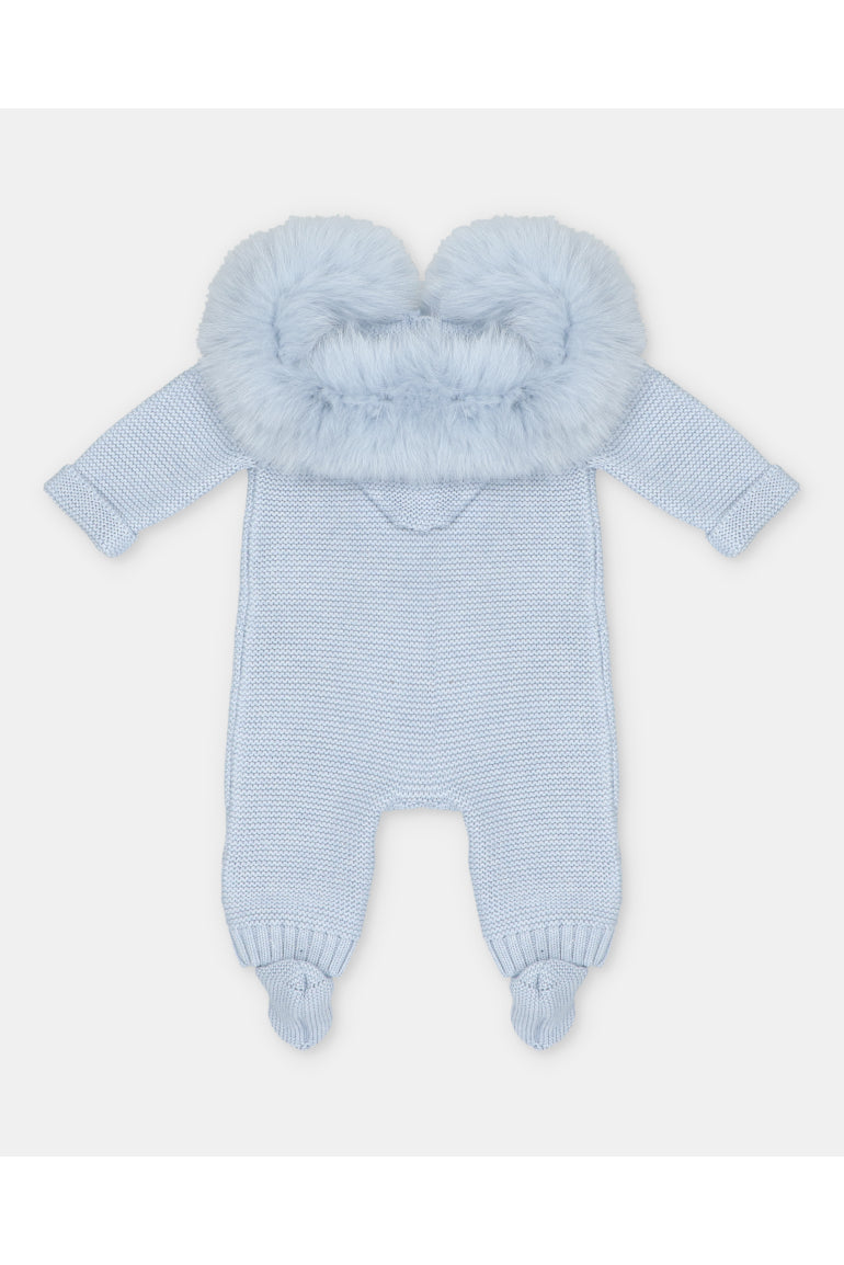 Back view of Martin Aranda baby blue knitted baby pramsuit with faux fur hood and enclosed feet AW26