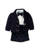 A baby boy's formal outfit set featuring a navy blue knit cardigan, matching shorts, a white shirt, a navy bow tie, and gold buttons, displayed on a white background.