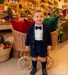 Mac Ilusion AW26 Boys Navy Shorts with matching shirt, cardigan and bow tie.  New season arrivals at Mariposa Children's Boutique