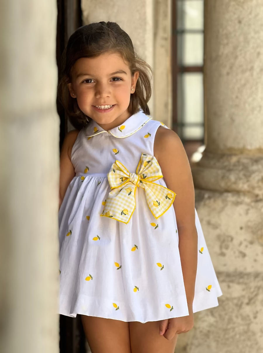 La Peppa baby girls white & lemon print dress gingham bow SS26