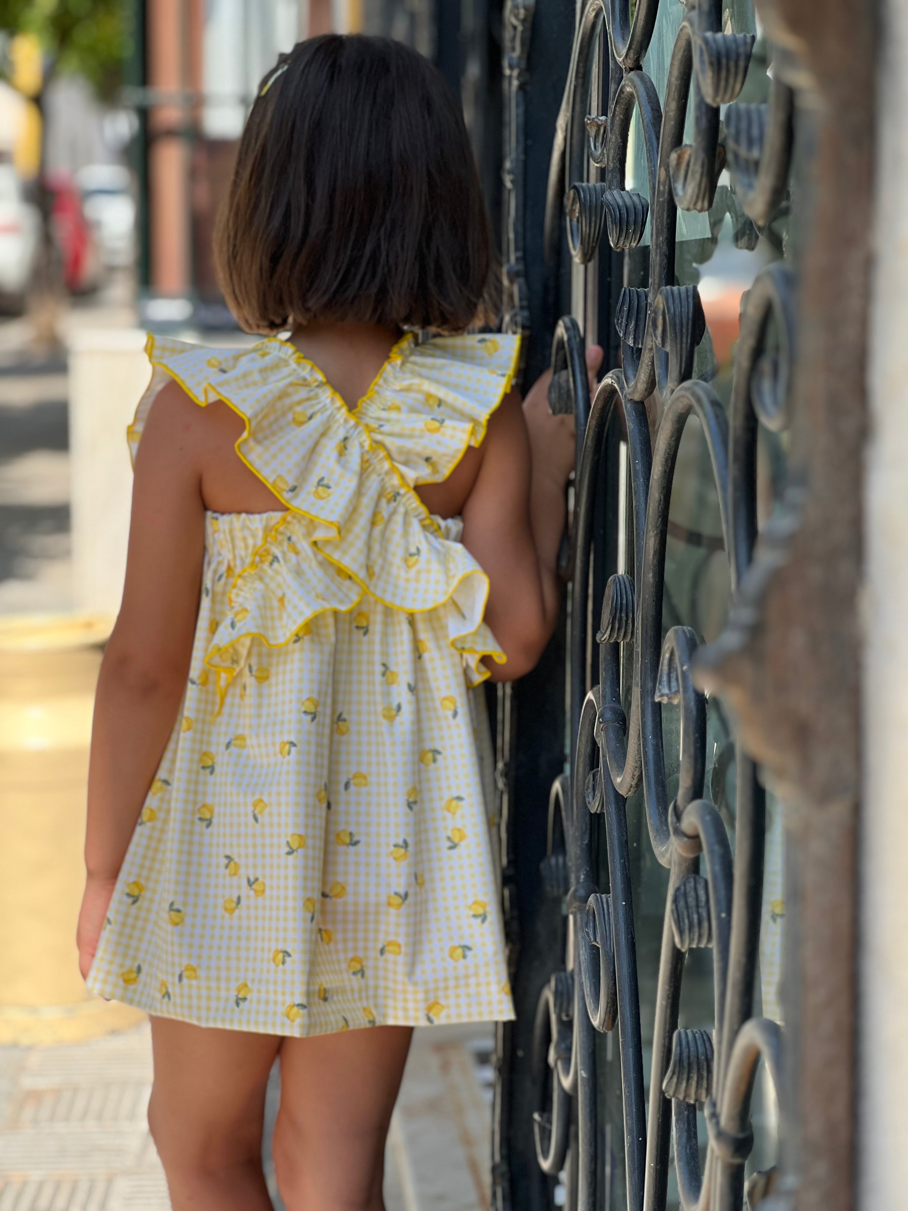 Girls Spanish lemons print summer dress ruffle back La Peppa SS26