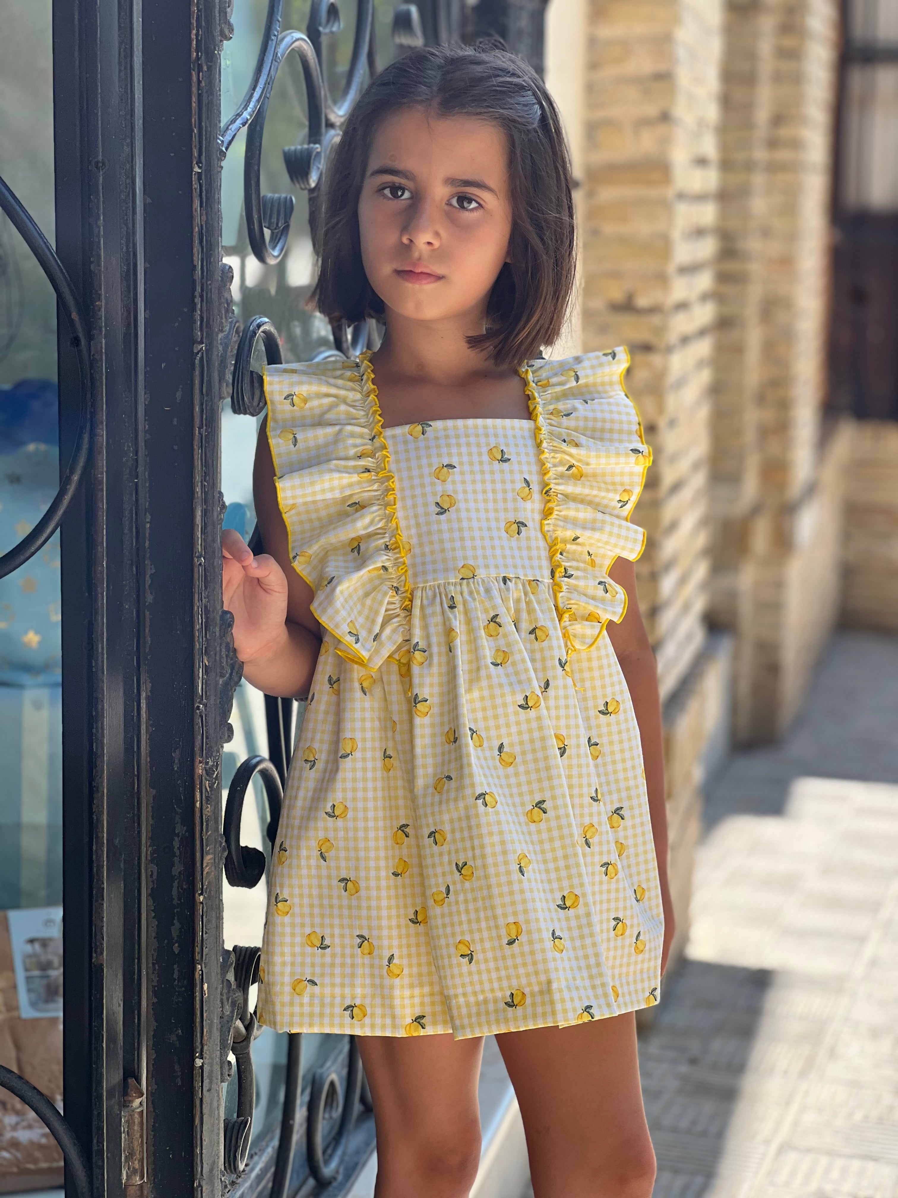 Girls Spanish dress lemon print ruffle back La Peppa summer dress