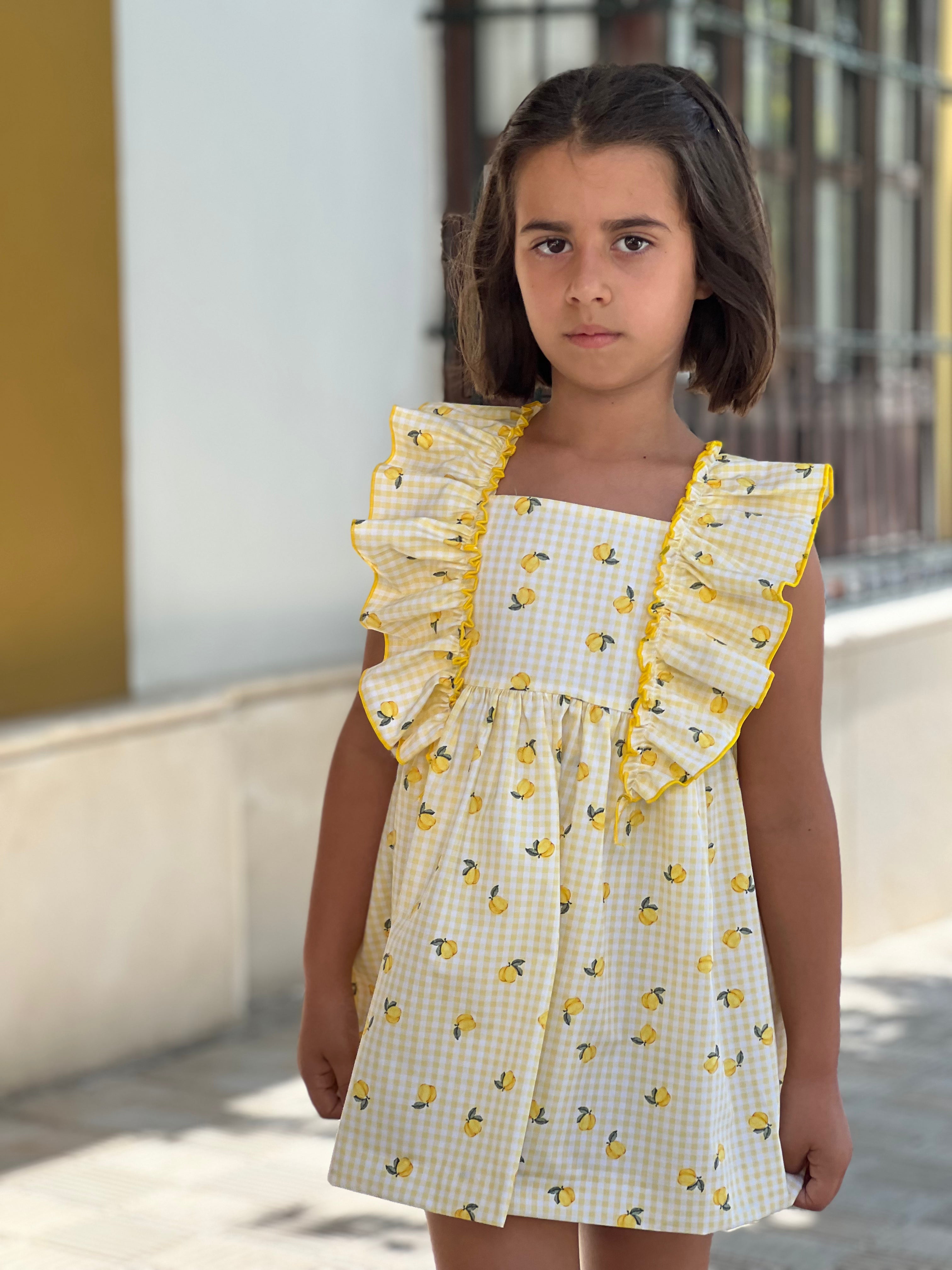 La Peppa girls lemon print dress yellow gingham Spanish dress SS26