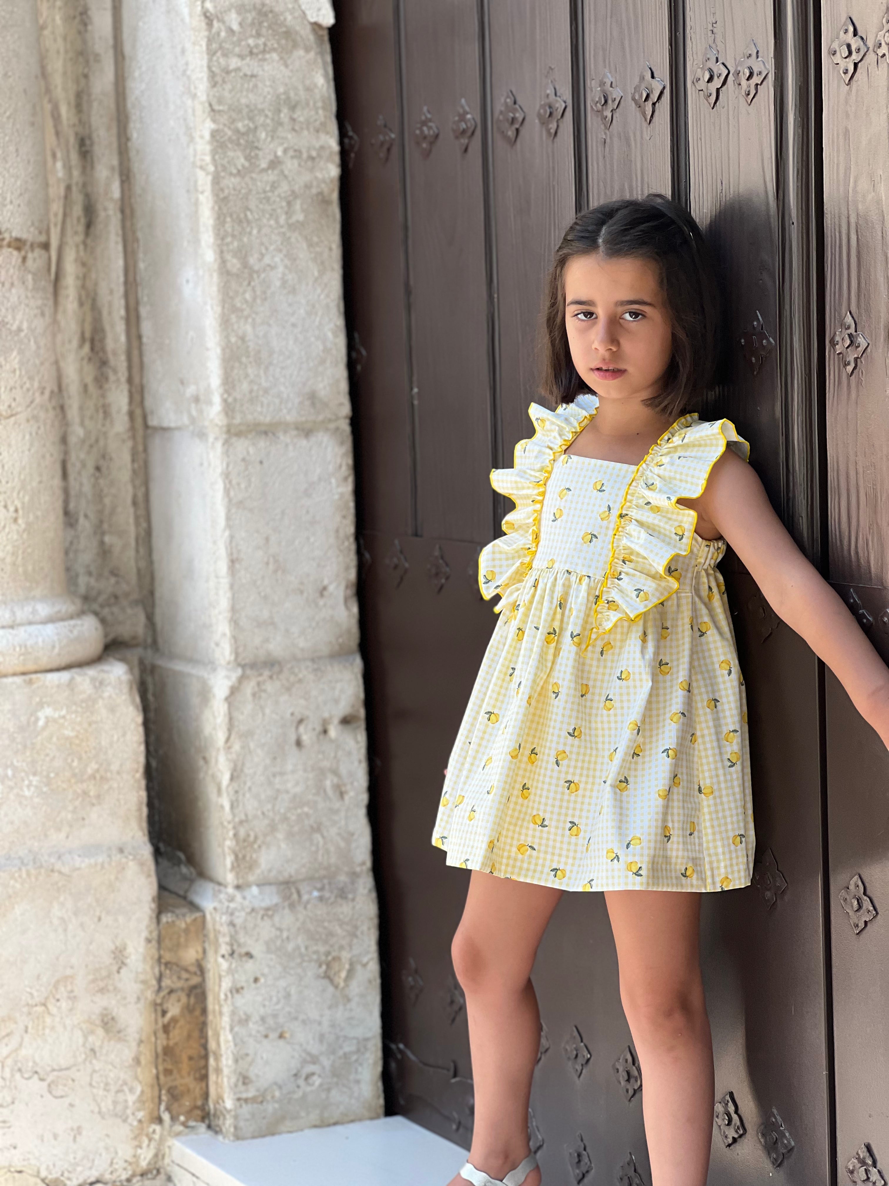 La Peppa girls yellow lemon dress gingham ruffle shoulder dress