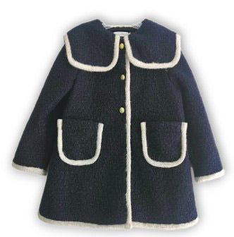 Be Chic girls navy bouclé coat with ivory trim and ivory velvet bow luxury Portuguese children's coat AW26