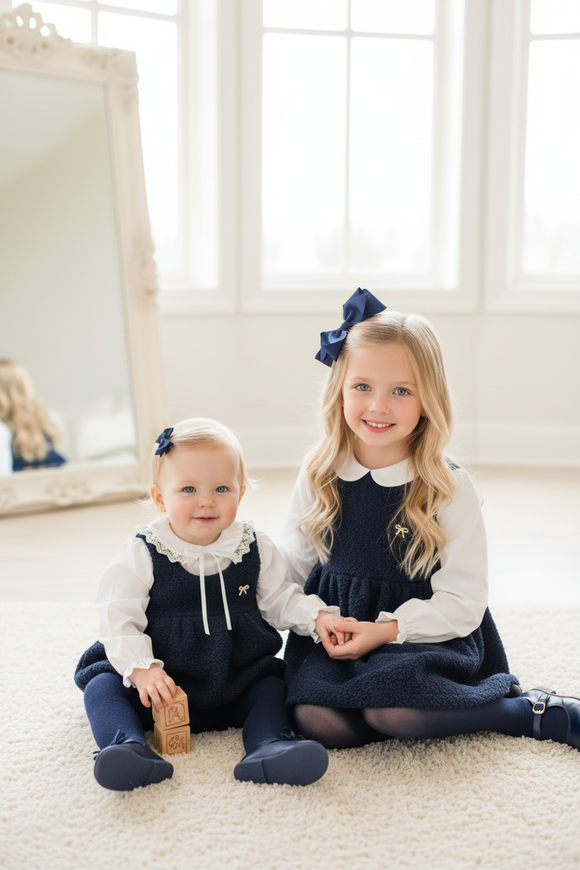 Be Chic baby girls navy bouclé romper with ivory lace collar blouse made in Portugal AW26
