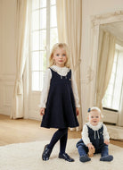 Be Chic baby girls navy bouclé romper with ivory lace collar blouse made in Portugal AW26