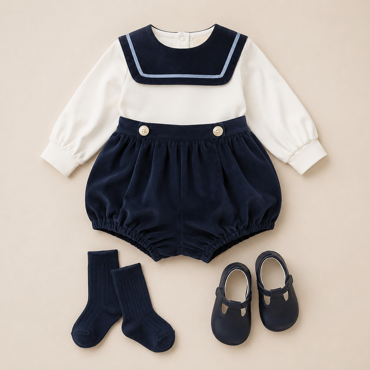 Be Chic baby boys navy velvet romper with ivory sailor collar made in Portugal AW26
