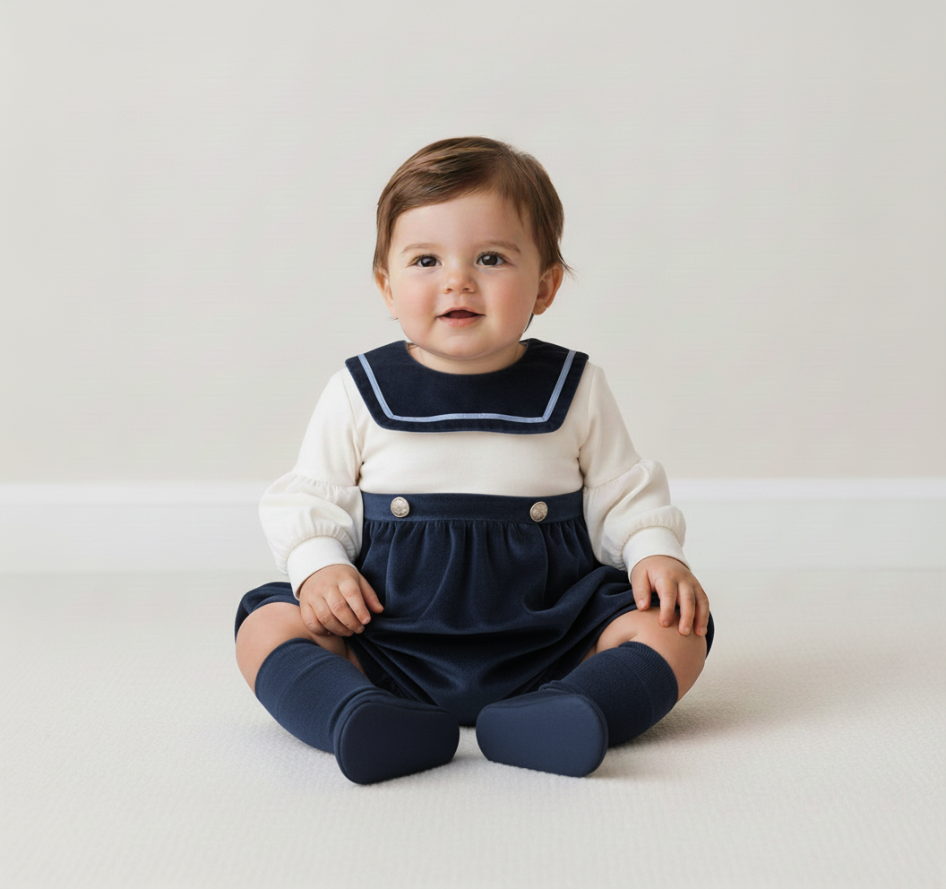 Be Chic baby boys navy velvet romper with ivory sailor collar made in Portugal AW26