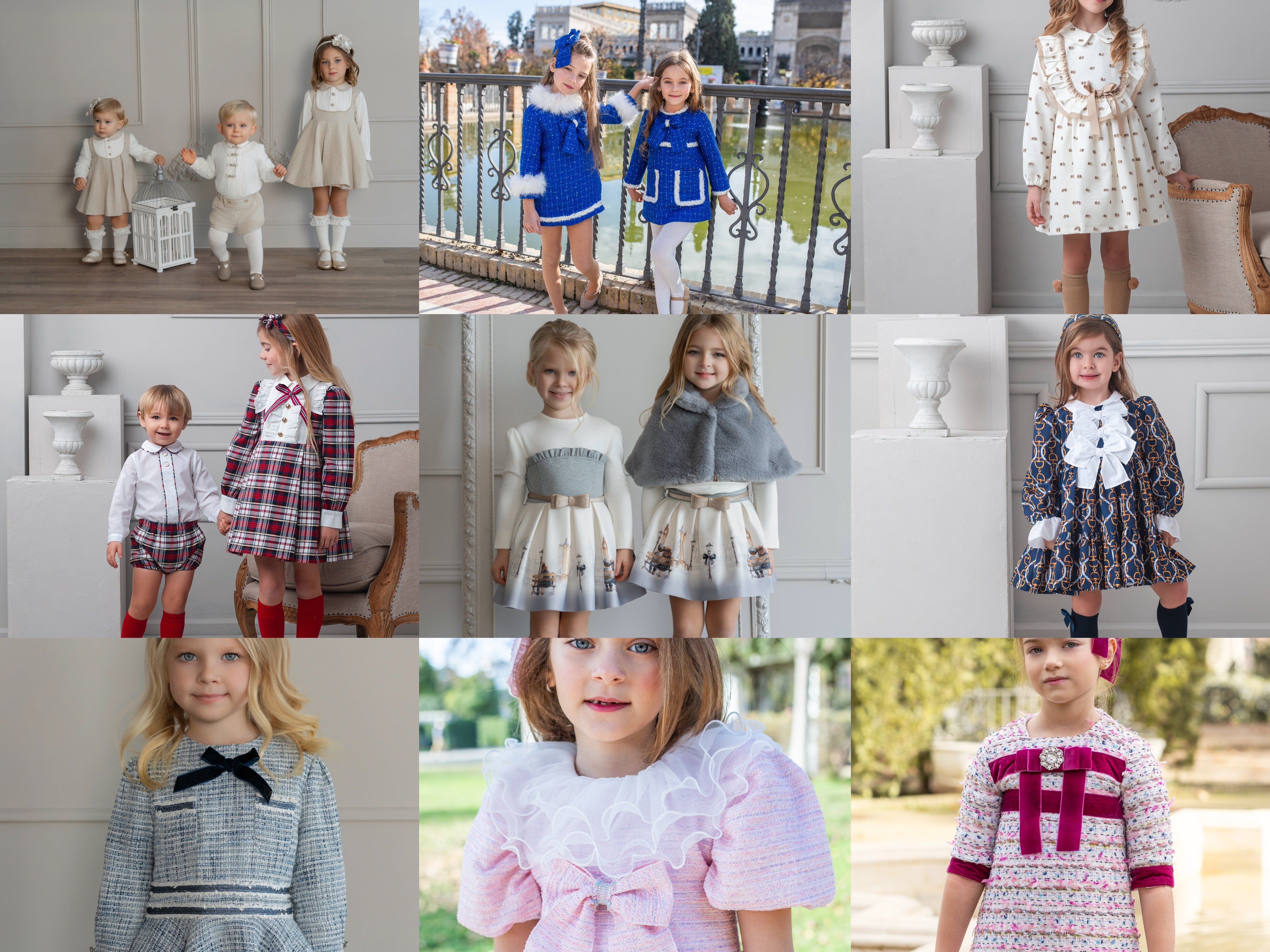 Collage of children wearing various outfits in different settings.