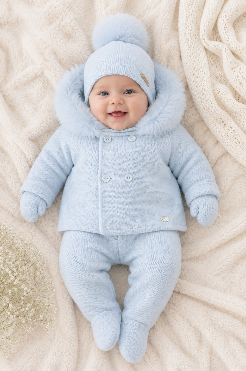 Martin Aranda baby blue knitted baby pom pom hat with faux fur pom pom made in Spain AW26